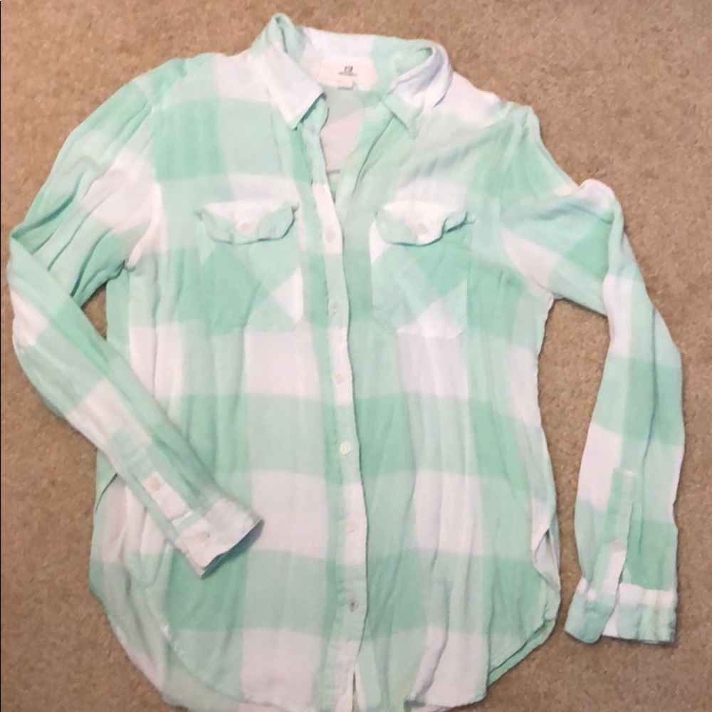 Green and white check flannel button down